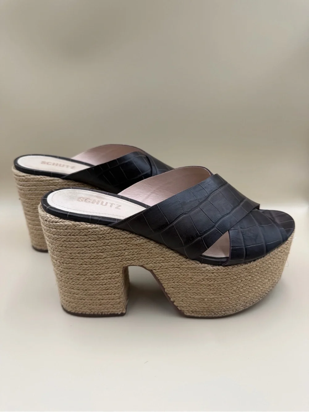 Schutz Brown Croc Embossed Platform Mule Sandals Size 9B